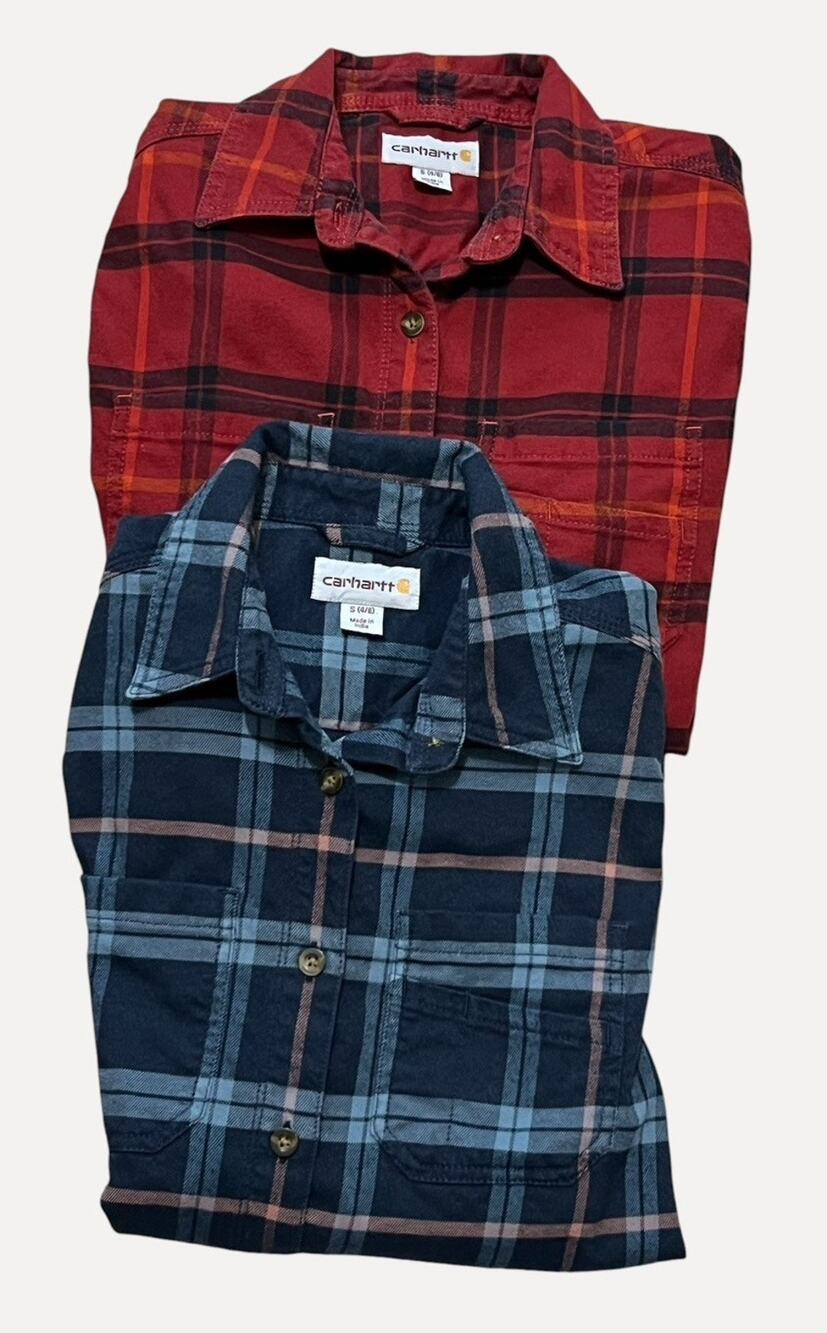 Carhartt Women Lot of 2 Plaid Shacket Shirt Thick Flannel Stretch Red Blue sz S